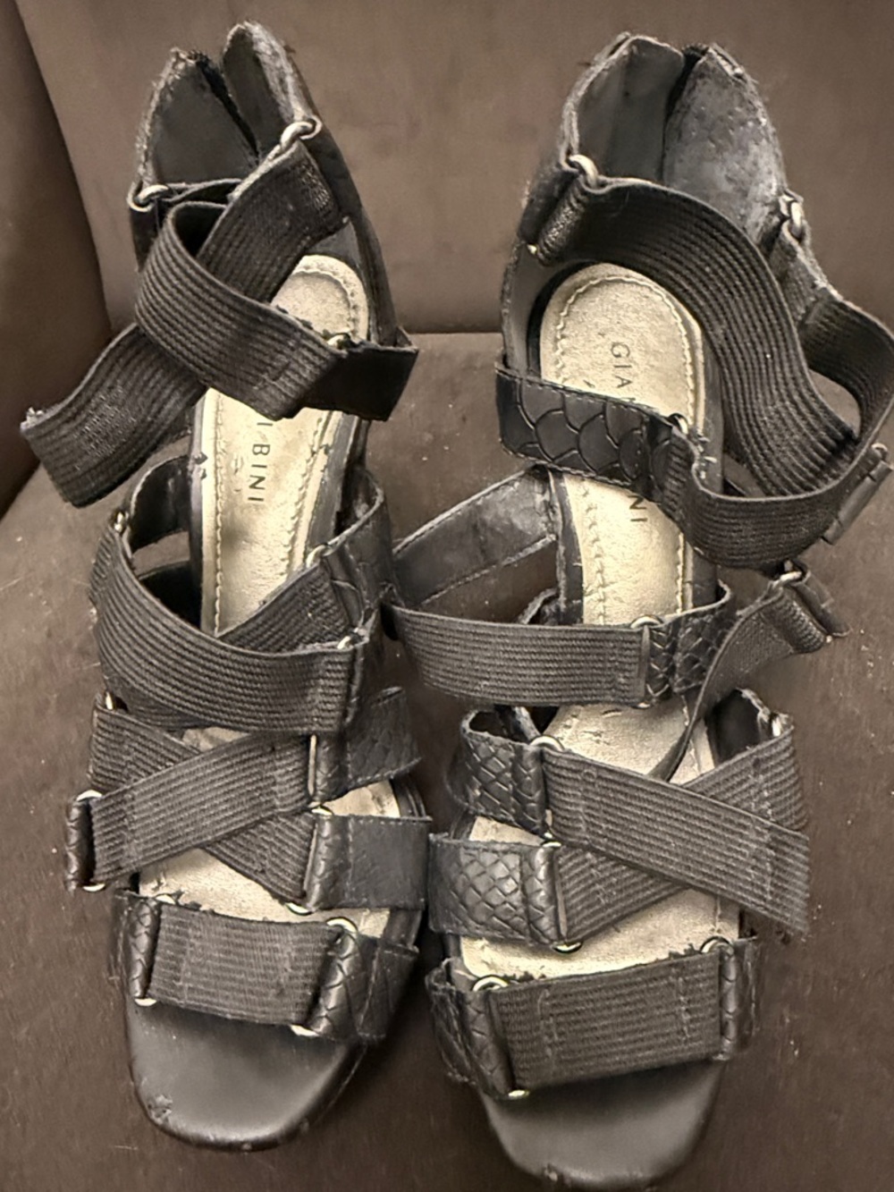 Gianni Bini Black Multi-Strap Wedge Sandals